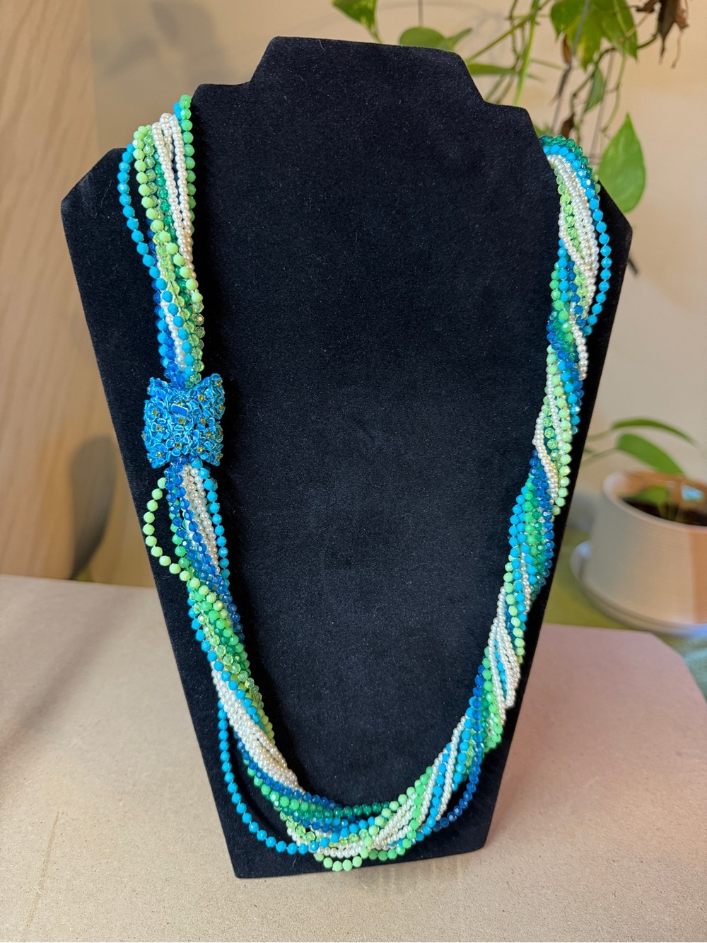 Multistrand Blue & Green Beaded Statement Necklace